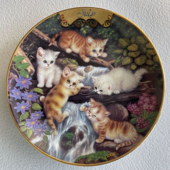 July - At The Little Waterfall Plate Cat Kitten By Jurgen Scholz Timeless Tails - Picture 1 of 9